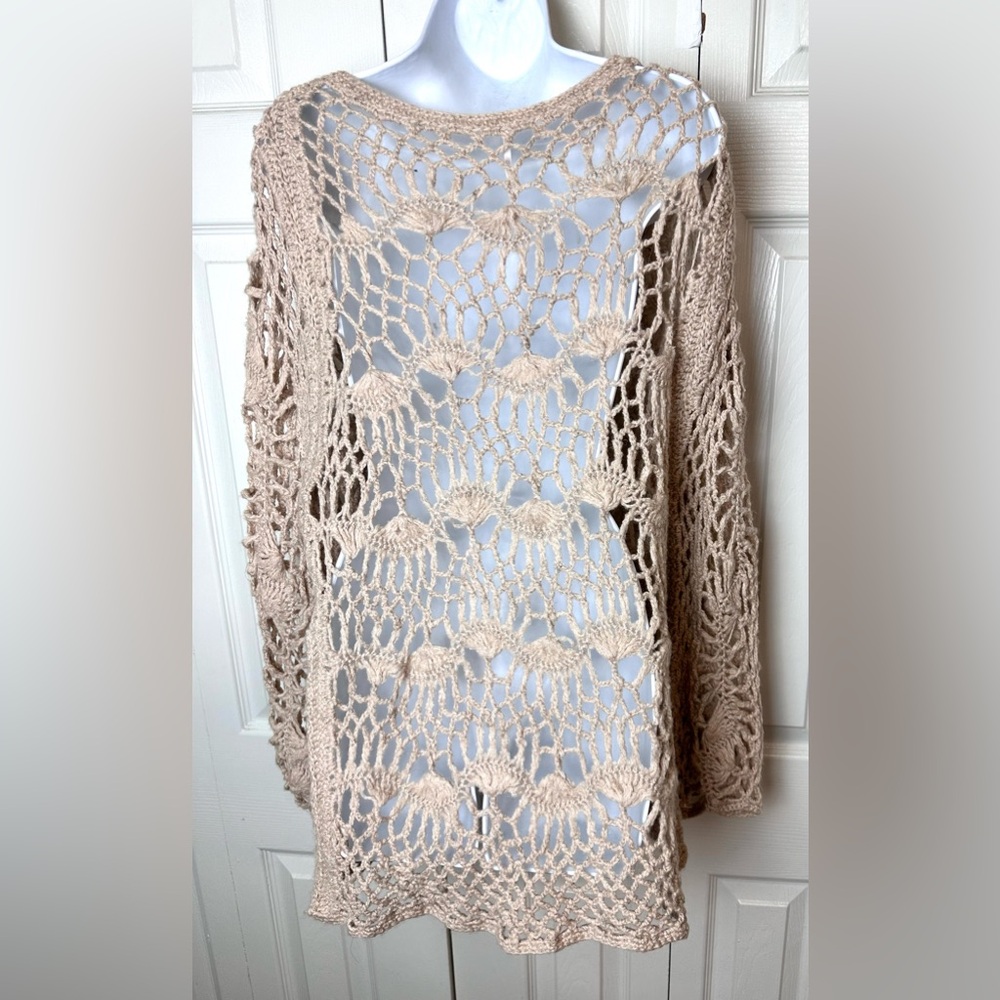 FREE PEOPLE Crochet Sweater Tan Beige Open Knit Beach Swimsuit Coverup Bohemian - Picture 5 of 10